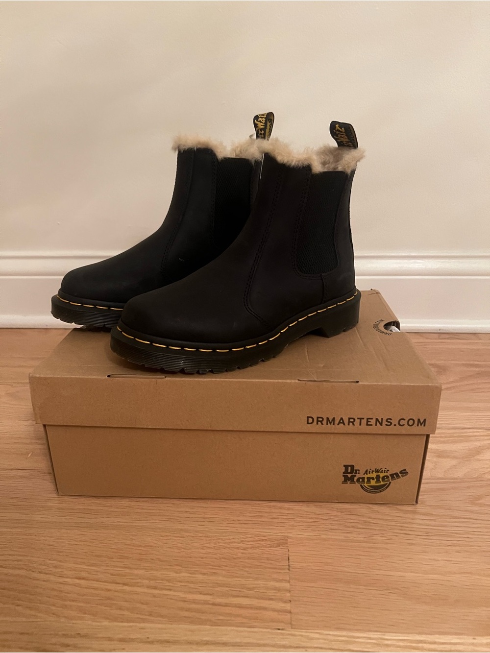 Dr. Martens Black Leather Chelsea Boots with Cream Shearling Trim